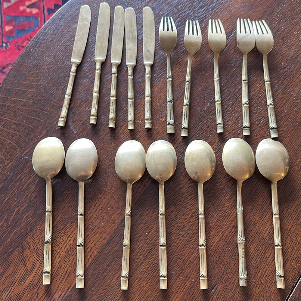 🇹🇭 17 pieces of flatware I bought in Thailand. Nickel Bronze. Brass color bamboo - Picture 7 of 11